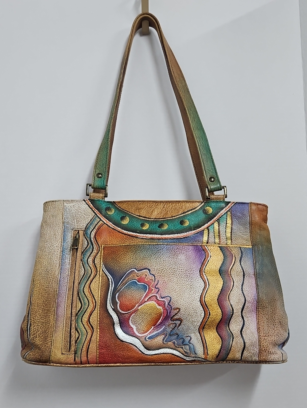 Anuschka Leather Hand Painted Shoulder Bag Colorful 15" x 10"